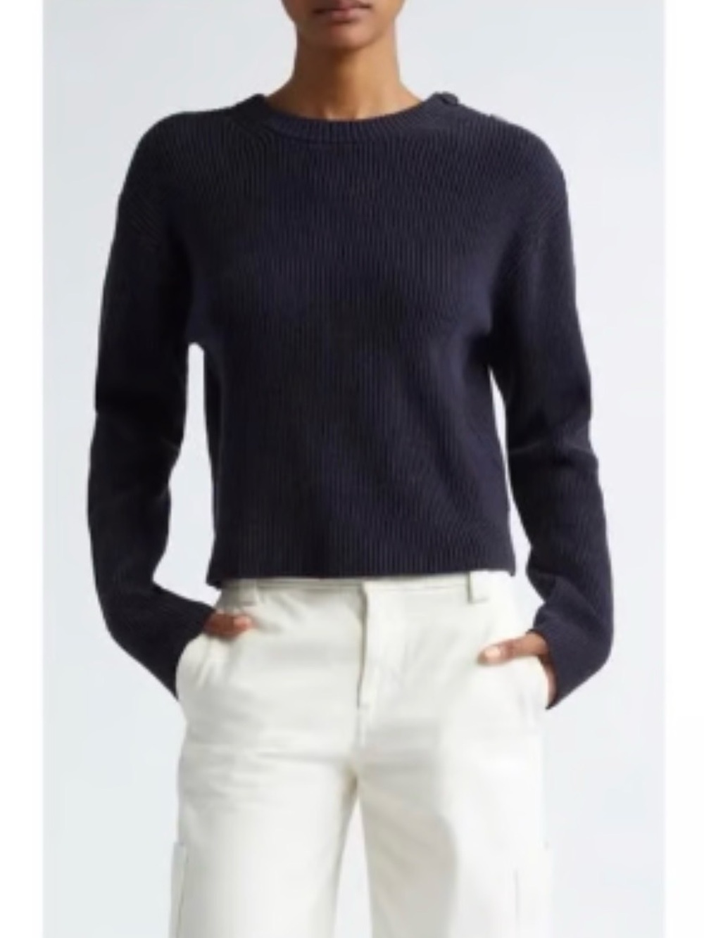 Vince Navy Ribbed Crewneck Sweater with Shoulder Buttons